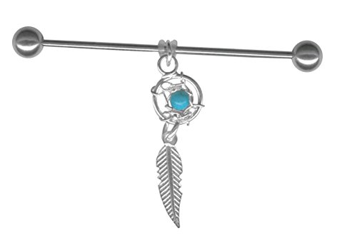 Tiny Turquoise Color Dream Catcher Industrial Barbell 14g-16g-Dangle Feather-Steel Industrial Earring