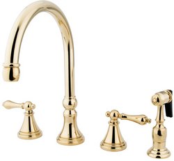 Kingston Brass KS279.ALBS Governor Widespread Kitchen Faucet with Metal Lever Handles and Brass Side Spray, Polished Brass On Sale