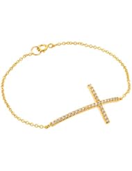 18K Yellow Gold Plated Sterling Silver High Polish Cubic Zirconia CZ Large Sideways Cross Fashion Designer Charm Bracelet - 7.5" inches