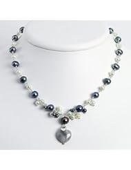 Sterling Silver Botswana Agate/Grey & Lt.Blue Cultured Pearl Necklace - QH2650-16"