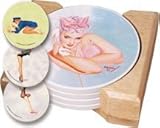 CounterArt WW II Pin-up Girls Design Round Absorbent Coasters in Wooden Holder, Set of 4 Assorted