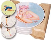 CounterArt WW II Pin-up Girls Design Round Absorbent Coasters in Wooden Holder, Set of 4 Assorted