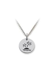 Stellar White (tm) 925 Sterling Silver Disc Charm Island W/palm Trees - 16 To 18 Inch Adjustable Chain Included