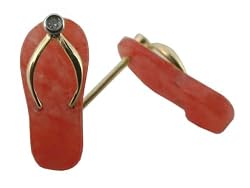 Red Jade Flip-Flop Single Diamond Strap Sandal Earrings, 14k Gold