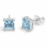 Sterling Silver Square Simulated Aquamarine CZ Stud Earrings