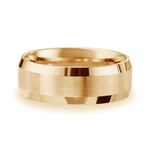 (Lifetime Guarantee) 14k Yellow Gold Wedding Band Ring, Comfort Fit Beveled Edge Spin Satin, 8mm wi