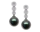 Natural Black Tahitian Round Pearl & Diamond Earrings in 14kt White Gold