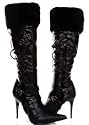 Shoehorne Women's Sexy Black Pointed toe, side lace up, Unfoldable Fur Cuff Knee High Heeled Boots Avail in Sizes 3-7 UK