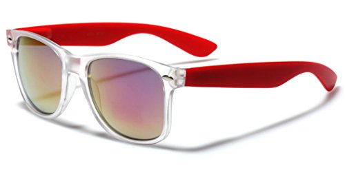 Colorful Retro Fashion Wayfarer Sunglasses - Translucent Clear Matte Frame - Color Mirrored Lenses