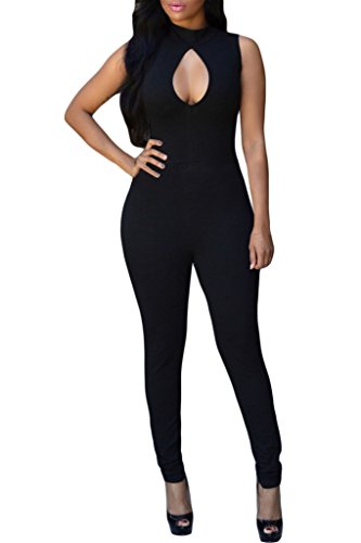HOTAPEI Women Turtleneck Hole Busty Sleeveless Long pants Club Jumpsuit