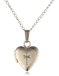 Childrens 14k Gold Filled Heart Locket Pendant Necklace with Engraved Cross, 13"