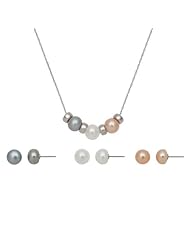.925 Silver 8-9MM Button White, Pink, and Gray Freshwater Pearl Set