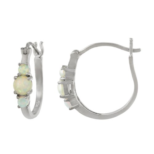 Sterling Silver Created-Opal Three-Stone 1/2 Hoop Earrings