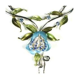 Blue Austrian Rhinestone Color Enameled Silver-Tone Tulip Flower Necklace and Matching Clip Earrings