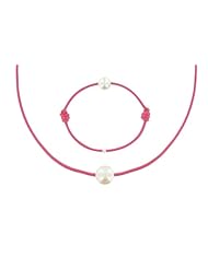Les Poulettes Jewels - Necklace and Bracelet Set White Pearl 8-9 mm with Fuchsia Color Wax Cord
