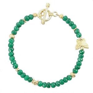 Green Emerald Gemstone Beaded Toggle Bracelet with Gold Vermeil Butterfly Charm, 7 1/2" long, #8080