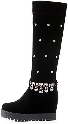 Maymeenth Womens Closed Round Toe High Heels Imitated Suede Short Plush Solid Boots with Glass Diamond, Black, 39