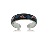 Silver Heart Bypass Ring W Blue & Pink Enamel