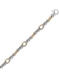18K Yellow Gold and Sterling Silver Polished Rolo and Textured Oval Bracelet