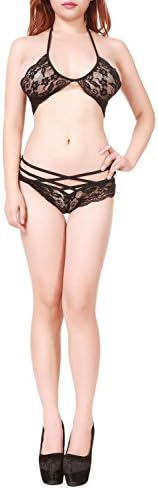 AM CLOTHES Womens Sexy Lace Lingerie Set Bra Top and Panty Lingerie Set (Black)