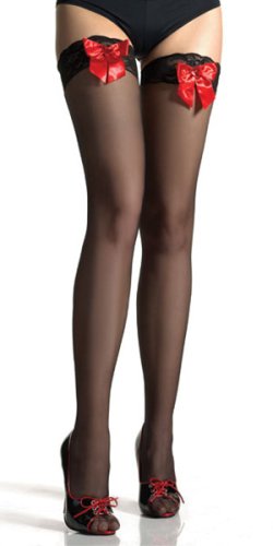 Sheer Lace Top Thigh High With Satin Bow And Sequined Heart Applique