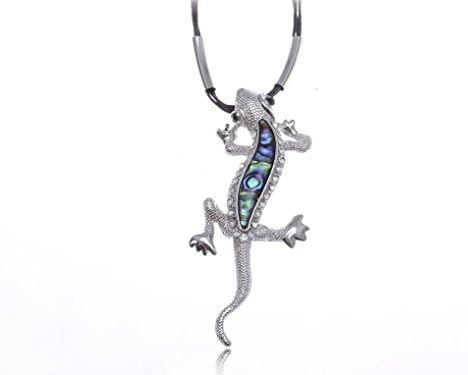 Spicy Key Faux Abalone Body Clear Rhinestone Silver Tone Crawling Lizard Necklace