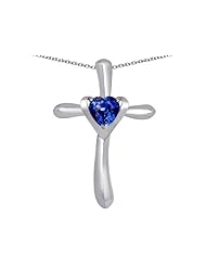 Original Star K (tm) Cross Love Pendant with 6mm Heart Shape Created Sapphire in 925 Sterling Silver