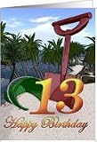 13th Birthday Summer beach bucket Happy Birthday Palm trees side beach ocean shore tropical card Card