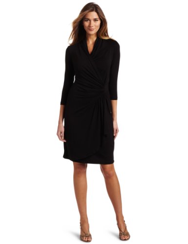 Karen Kane Women's 3/4 Sleeve Cascade Wrap Dress, Black, Medium