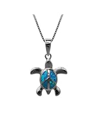 Turtle Necklace Pendant with Peace Sign in Sterling Silver Blue Opal and 18" Chain