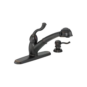 Delta Faucet 473-RBSD-DST Saxony Single Handle Kitchen Pullout Faucet With Diamond Seal Valve and Matching Soap Dispenser, Venetian Bronze