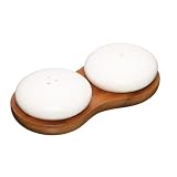 Natural Elements Ceramic Salt and Pepper Pot Set with an Acacia Wood Stand