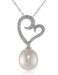 10k White Gold Freshwater Cultured Pearl and Diamond Pendant Necklace, (0.25 cttw, G-H Color, I3 Clarity), 17"