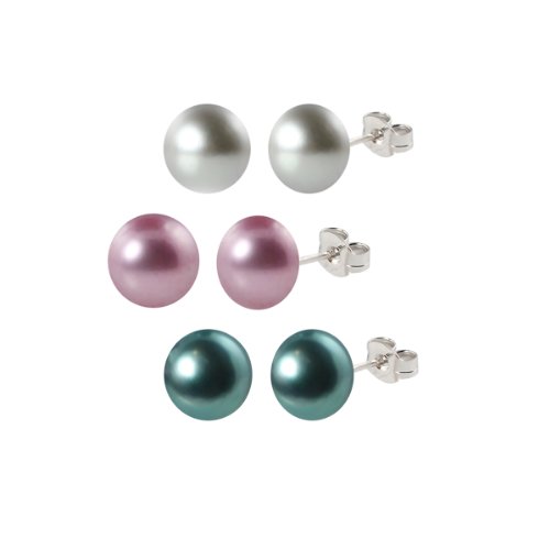 Set of 3 Freshwater Cultured Pearl Stud Earrings with Sterling Silver Post and Backs (8-8.5mm)