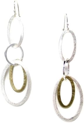 Takobia Silver Plated Brushed Satin Finish Two Tone Tiered Oval Geometric Hoop Dangle Earrings