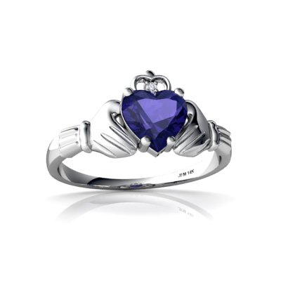 14K White Gold Heart Created Sapphire Celtic Claddagh Ring