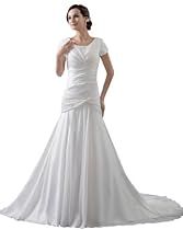 Hot Sale GEORGE BRIDE Short Sleeves Chiffon Over Satin Wedding Dress Size 2 White
