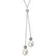 Isabella Silver Rose Lariat Necklace w. Twin 9-10mm Cultured Pearl Drops, White