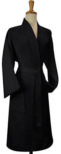 Waffle Weave Robe Kimono Spa Bathrobe Made in Turkey (Black, One Size)