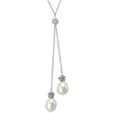 Isabella Silver Rose Lariat Necklace w. Twin 9-10mm Cultured Pearl Drops, White