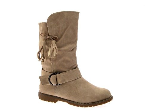 WOMENS SLOUCH FUR CUFF TASSEL FLAT RIDING BOOTS MID CALF FAUX LEATHER LADIES SHOES BEIGE SIZE UK 5