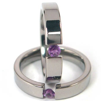 New 4mm Titanium Tension Set Ring, Amethyst Gemstone, Free Sizing 4.5-11