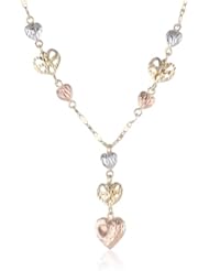 14K Tri-Color Yellow, White and Rose Gold Hearts Dangle Y-Shaped Necklace, 16.5"+1.25" Extender