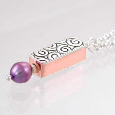 Bar Necklace in Sterling Silver and Copper with Swirl Design and Pearl Gemstone Bead on a 16" Rolo Chain, #8916