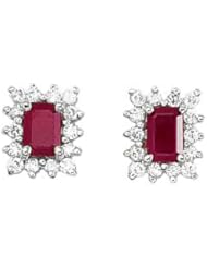 14K White Gold Emerald-Cut Ruby and Diamond Earrings