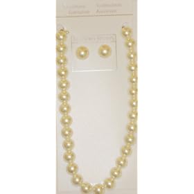 One Strand Simulated Ivory Pearl Short Chain Genuine Gold Plated Necklace Earrings for Women and...