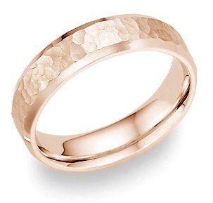 14K Rose Gold Hammered Comfort Fit Wedding Ring Mens Band Solid Beveled 6 MM