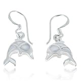 Sterling Silver Natural White Mother of Pearl Shell Dolphin Dangle Hook Earrings