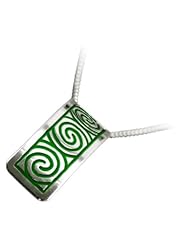 Sterling Silver Rectangular Celtic Pendant, Green Newgrange Spirals, 18 Inch Silver Chain