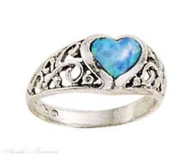 Sterling Silver Filigree Imitation Opal Heart Ring Size 5